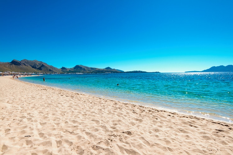 A sunny beach scene at Puerto Pollensa, with clear blue water, golden sand, and distant mountains under a bright sky.