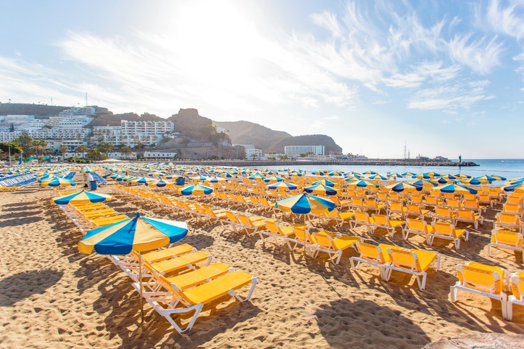 A Puerto Rico beach scene featuring rows of blue and yellow umbrellas and sun loungers against a scenic coastal backdrop.