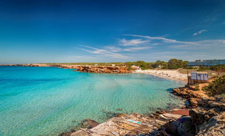 A scenic view of Cala Saona beach with turquoise waters, white sands, and lush greenery under a clear blue sky.