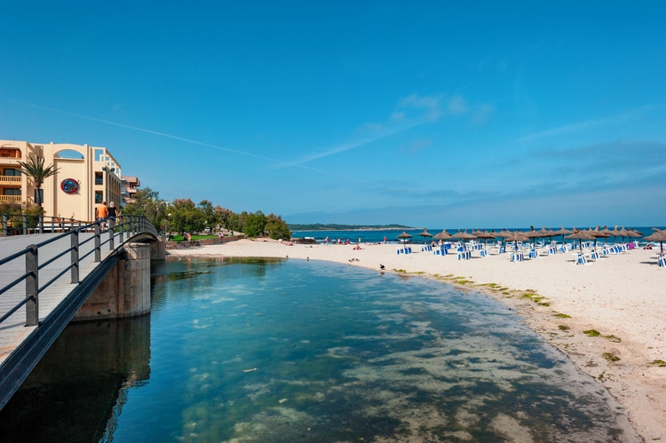 View of Sillot beach with sun loungers, palm trees, and a lively promenade along clear blue waters and sunny skies.