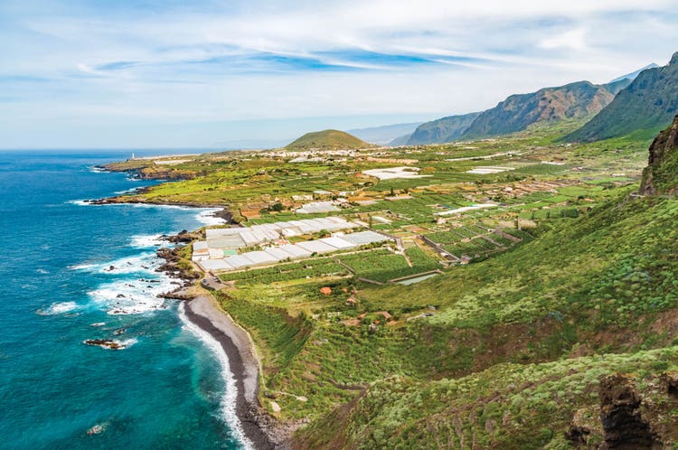 An aerial view of Buenavista del Norte, featuring lush green fields along the coast and the blue ocean in the background.
