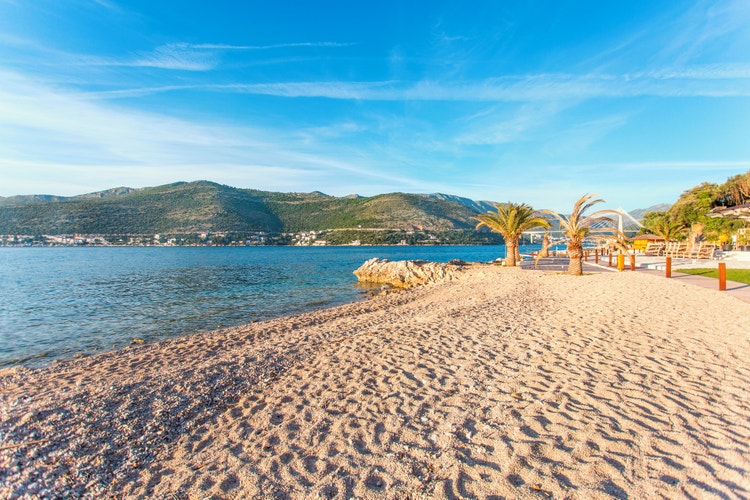 Sunny beach at Dubrovnik Babin Kuk, with palm trees, mountains in the background, and a clear blue sea.