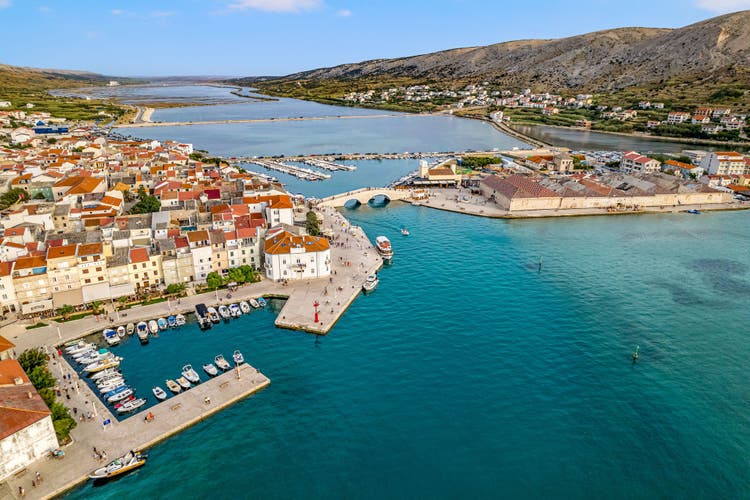 Pag, Croatia, View of the city and the sea, bridge