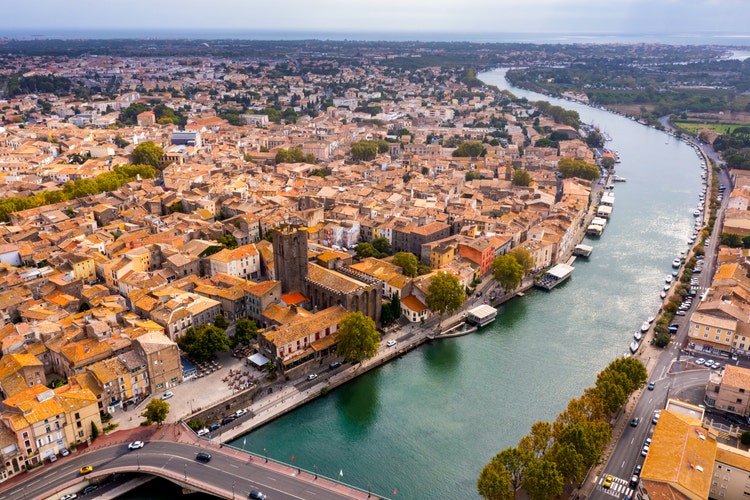 Picturesque aerial view of old French town of Agde