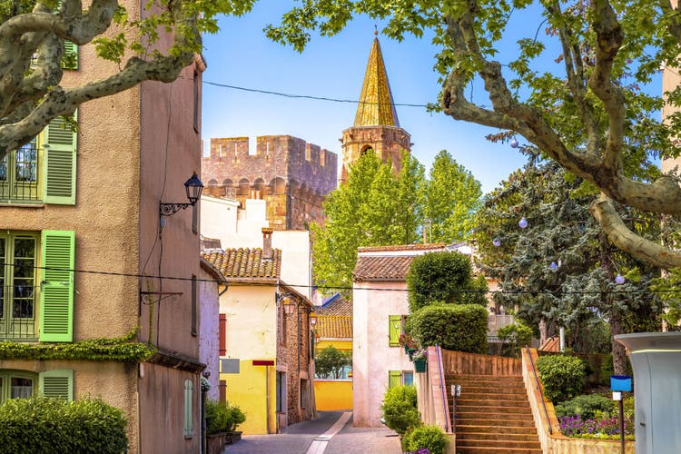 Town of Frejus colorful street anf tower view, south of France
