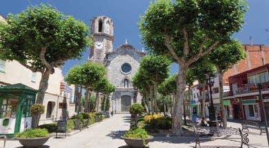 A charming town square with lush, green trees lining a path leading to a historic stone church in Malgrat de Mar, Spain.
