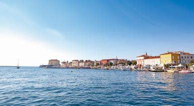 Historic harbour and Adriatic coastline in Porec on Croatia’s Istrian coast.